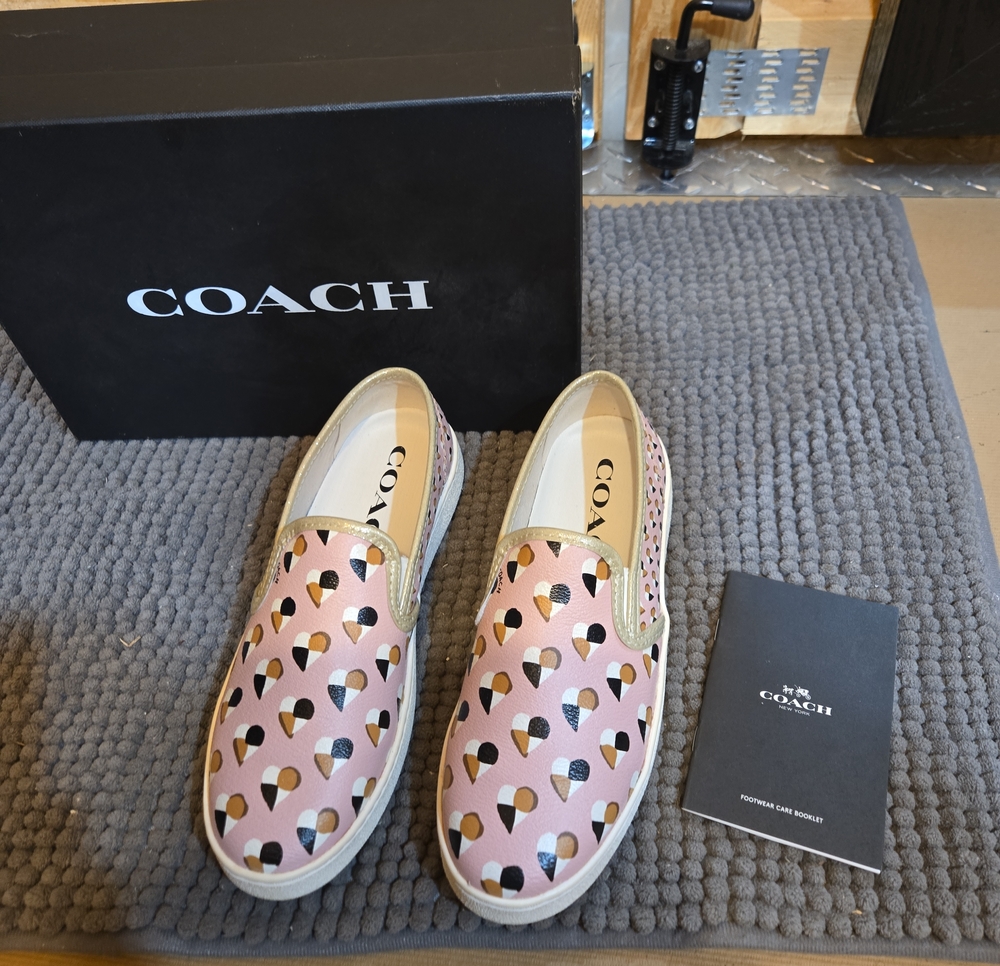 COACH Pink Leather Slip-On Mules with Multicolor Heart Motif